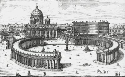 Vatikanstadt, Blick auf die Piazza San Pietro mit der Basilika St. Peter und den Vatikanischen Palästen, Gravur von Giovanni Battista Falda. 1665 von Giovanni Battista Falda