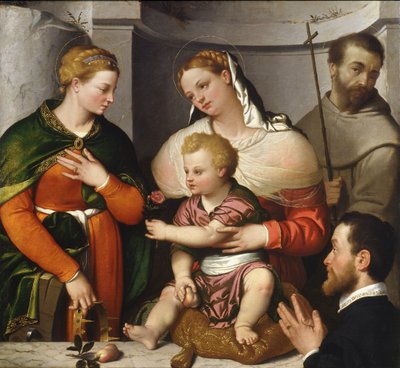 Madonna mit Kind, St. Katharina, St. Franziskus und der Stifter, ca. 1550 von Giovanni Battista Moroni
