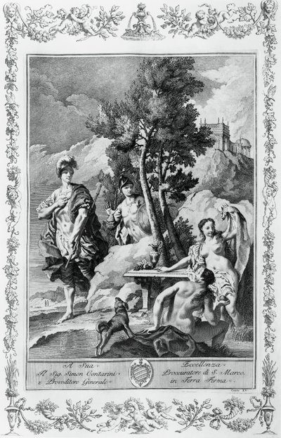 Carlo und Ubaldo auf den Glücklichen Inseln, Kupferstich von Giovanni Battista Piazzetta (1683-1754) für Gesang XV von Jerusalem Befreit, von Torquato Tasso (1544-1595), Giovanni Battista Albrizzi Ausgabe, Venedig, Italien von Giovanni Battista Piazzetta