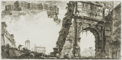 1. Titusbogen. 2. Villa Farnese. 3. Säulen des Tempels des Jupiter Stator [der Unterstützer]. 4. Septimius-Severus-Bogen. 5. Tempel des Friedens, Tafel sechs aus Einige Ansichten von Triumphbögen und anderen Denkmälern von Giovanni Battista Piranesi