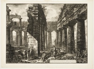 Innenansicht der Überreste eines der Pronaoi des Neptuntempels, der landeinwärts gerichtet ist, aus Verschiedene Ansichten von Paestum von Giovanni Battista Piranesi