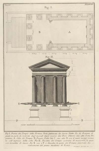 Plan und Fassade des Tempels der Fortuna Virilis, aus der s..., 1756 von Giovanni Battista Piranesi