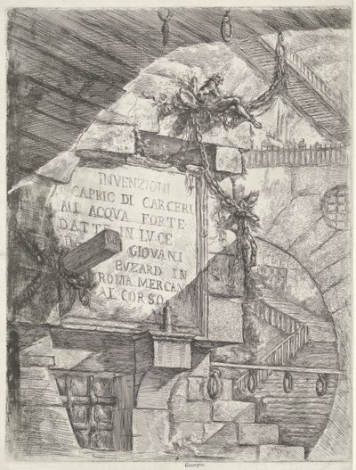 Titelbild mit Gesicht im Kerker und Titel an der Wand (Kerker) von Giovanni Battista Piranesi