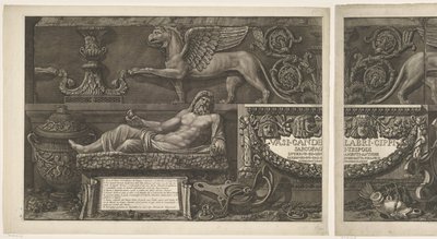 Titelblatt mit Skulpturen, geschnitzten Reliefs und einem Sarkophag mit Titel Vasen, Kandelaber, Grabsteine, Sarkophage, Dreifüße, Lampen und Ornamente entworfen und graviert von Giovanni Battista Piranesi (Serientitel) Vasi, candelabri, cippi, sarcofagi von Giovanni Battista Piranesi