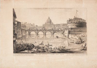 Ansicht der Brücke und der Engelsburg (des Hadriansmausoleums), im Vordergrund Boote auf dem Tiber und im Hintergrund die Kuppel des Petersdoms von Giovanni Battista Piranesi