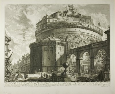 Ansicht des Mausoleums des Kaisers Hadrian (heute Castel Sant’Angelo) von hinten, aus Vedute di Roma (Ansichten von Rom) von Giovanni Battista Piranesi