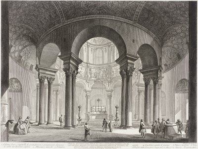 Blick in das Innere des Grabmals der Santa Costanza, das von Konstantin dem Großen erbaut und irrtümlich als Bacchustempel bezeichnet wurde, heute die Kirche Santa Costanza. von Giovanni Battista Piranesi