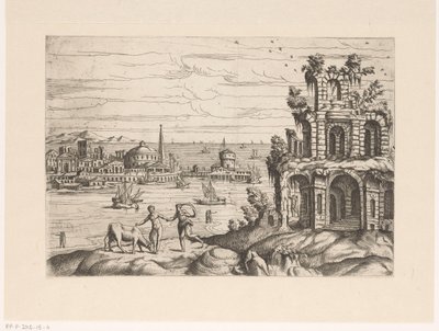 Stadtansicht mit Ruinen und Fantasie-Architektur am Wasser von Giovanni Battista Pittoni (I)