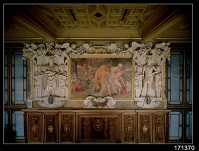 Die Plünderung von Troja oder Catania, Detail des dekorativen Schemas in der Galerie von Franz I. (1494-1547) 1535-40 von Giovanni Battista Rosso Fiorentino