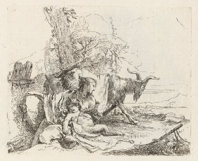 Eine Nymphe mit einem kleinen Satyr und zwei Ziegen, aus Vari capricci (Verschiedene Capriccios) von Giovanni Battista Tiepolo