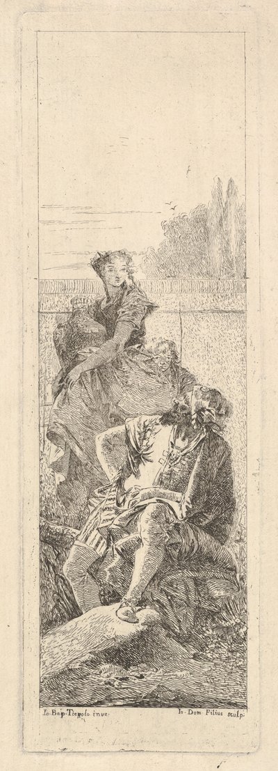 Ein bärtiger, sitzender Mann blickt über seine rechte Schulter zu einem Kind und einer Frau, ca. 1750-55 von Giovanni Battista Tiepolo