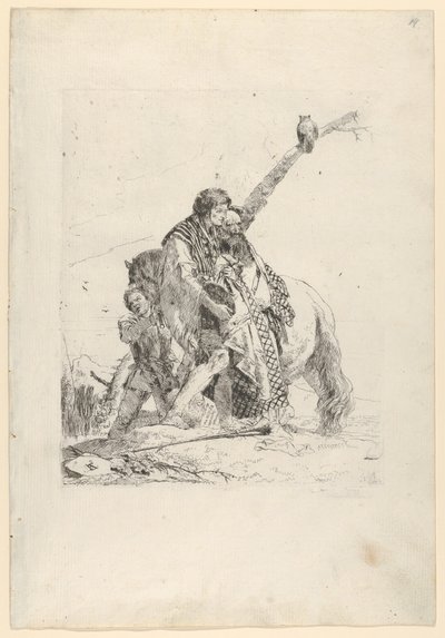 Drei Männer, die neben einem Pferd stehen, aus den Scherzi von Giovanni Battista Tiepolo
