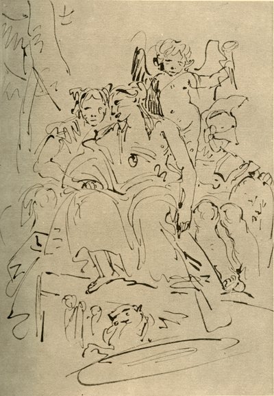 Zwei Frauen, Eros und ein Soldat, Mitte des 18. Jahrhunderts von Giovanni Battista Tiepolo
