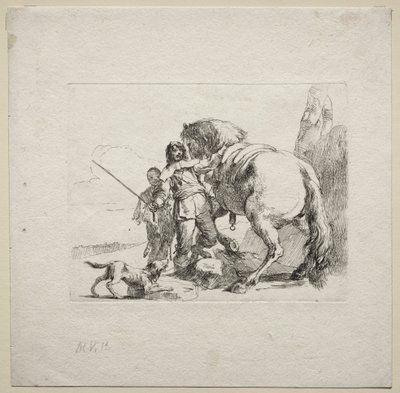 Verschiedene Kaprizen: Der Reiter, der sein Pferd besteigt von Giovanni Battista Tiepolo