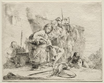 Verschiedene Kaprizen: Junger Mann sitzt, an eine Urne gelehnt von Giovanni Battista Tiepolo