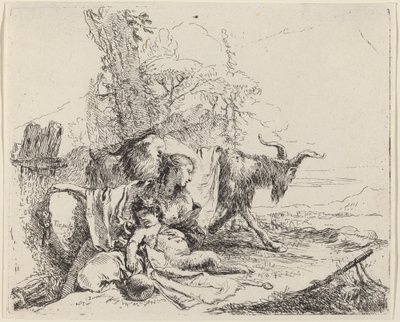 Frau, Satyrkind und Ziege in einer Landschaft von Giovanni Battista Tiepolo