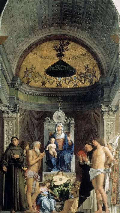 Madonna mit Kind, musizierende Engel und die Heiligen Franziskus, Johannes der Täufer, Hiob, Dominikus..., ca. 1487 von Giovanni Bellini