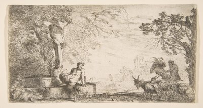 Ein Satyr, der am Fuß einer Statue des Priapus liegt, Ziegen rechts, ca. 1645-48 von Giovanni Benedetto Castiglione