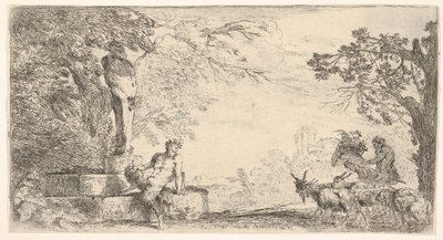 Ein Satyr ruht am Fuß einer Statue des Priapus, Ziegen rechts, ca. 1645-48 von Giovanni Benedetto Castiglione