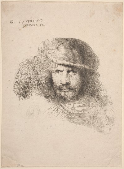 Kopf eines jungen Mannes mit Federhut (sogenanntes Selbstporträt) von Giovanni Benedetto Castiglione