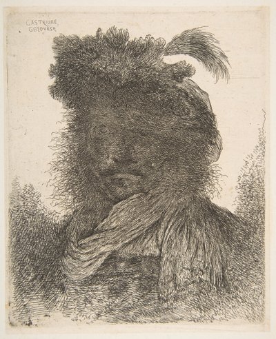 Kopf eines Mannes im Schatten leicht nach links gedreht, aus der Serie der großen Or..., ca. 1645-1650 von Giovanni Benedetto Castiglione