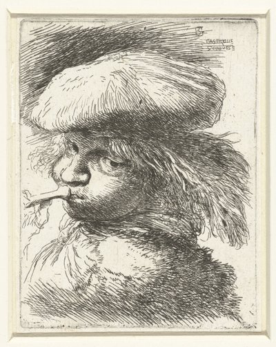Kopf eines Jungen, der auf einer Trompete bläst (Serie: Kleine studie van hoofden met oosterse hoofddeksels) von Giovanni Benedetto Castiglione