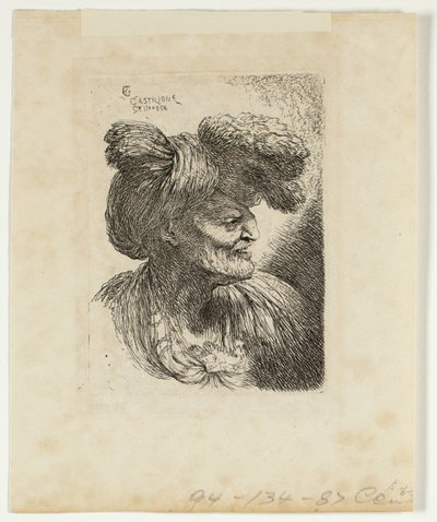 Alter Mann mit einem mit Pelz verzierten Turban, nach rechts blickend, aus kleinen Studien von Köpfen in orientalischer Kopfbedeckung von Giovanni Benedetto Castiglione