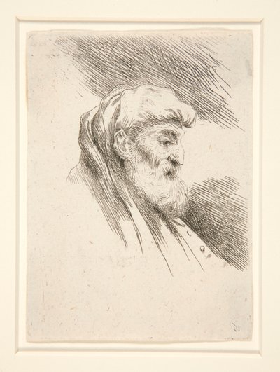 Alter Mann mit langem Bart, im Profil nach rechts gewandt, aus der Serie Die kleinen Köpfe von Giovanni Benedetto Castiglione