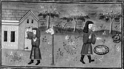 Dekameron, Frederic klopft an die Tür von Madame Tessa; der Mann findet Essen und Wein unter einem Pfirsichbaum. Siebter Tag, Novelle 1 von Giovanni Boccaccio