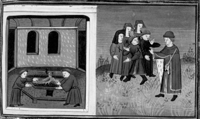 Dekameron, Giovanni del Bragoniera und Biagio Pizzini stehlen die Reliquie von Bruder Ciboule; der Bruder markiert die Kleidung der Dorfbewohner mit Kohlen. Sechster Tag, Novelle 10 von Giovanni Boccaccio