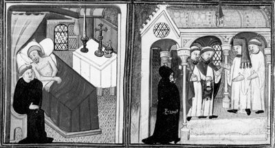 Decameron, Die Beichte des sterbenden Ciappelletto; die Gläubigen werden zur Andacht eingeladen. Erster Tag, Geschichte 1. von Giovanni Boccaccio