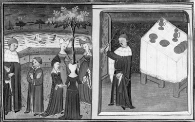 Decameron, Alberto aus Bologna beobachtet Margarete beim Tanzen; Alberto erklärt die Natur seiner Liebe anhand des Beispiels des Lauchs. Erster Tag, Geschichte 10 von Giovanni Boccaccio