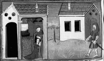 Dekameron, Arimino hört das Geständnis seiner Frau; der Mann hält Wache an der Tür des Hauses. Siebter Tag, Novelle 5 von Giovanni Boccaccio