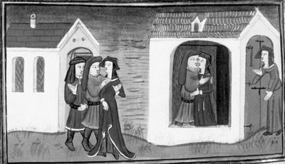 Dekameron, Calandrino umwirbt Niccolosa; die Frau von Calandrino überrascht ihren Mann mit Niccolosa. Neunter Tag, Novelle 5 von Giovanni Boccaccio