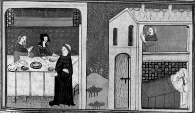 Dekameron, Don Felice ist am Tisch des Bruders Puccio eingeladen; Don Felice liegt mit der Frau von Puccio im Bett. Dritter Tag, Novelle 4. von Giovanni Boccaccio