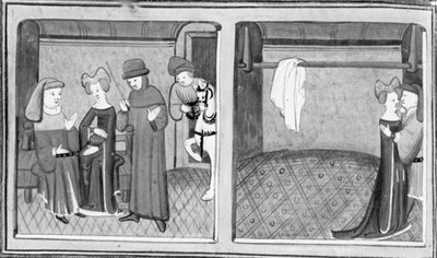Dekameron, Francesco Vergellesi erlaubt Zima, mit seiner Frau zu sprechen; Zima und die Frau von Francesco tauschen einen Kuss. Dritter Tag, Novelle 5. von Giovanni Boccaccio