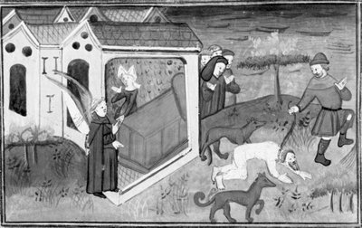Dekameron, Bruder Alberto besucht Lisetta; Alberto, als Wilder verkleidet, wird auf die Straße geführt. Vierter Tag, Novelle 2. von Giovanni Boccaccio