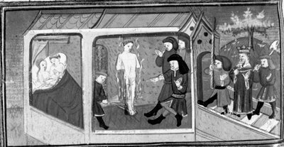Dekameron, Gianni di Procida und Restituta werden vom König Friedrich entdeckt; Gianni di Procida wird zum Scheiterhaufen verurteilt. Fünfter Tag, Novelle 6. von Giovanni Boccaccio