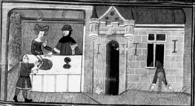 Dekameron, Guilielmo Rossiglione lässt seiner Frau das Herz von Guardastagno servieren; die Frau stürzt sich aus dem Fenster. Vierter Tag, Novelle 9. von Giovanni Boccaccio