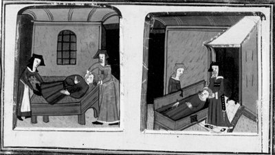 Dekameron, Die Frau von Mazzeo glaubt, dass ihr Geliebter tot ist; die Frau versteckt den Körper in einer Truhe. Vierter Tag, Novelle 10. von Giovanni Boccaccio