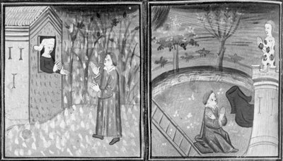 Dekameron, Die Witwe Elena schließt Rinieri aus dem Haus aus; der Mann lässt die Frau nackt auf einem Turm zurück. Achter Tag, Novelle 7 von Giovanni Boccaccio