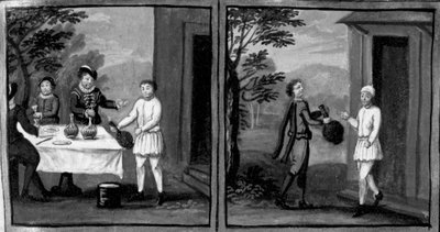 Dekameron, Der Bäcker Cisti bietet Geri Spina und seinen Gästen Wein an; ein Diener von Geri geht zu Cisti, um Wein zu holen. Sechster Tag, Novelle 2 von Giovanni Boccaccio