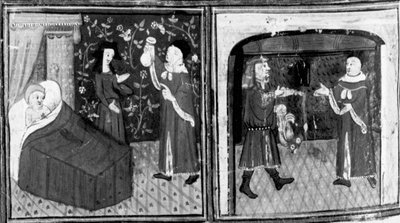 Dekameron, Der Arzt Simone gibt Calandrino die Infusion; Calandrino bezahlt den Arzt. Neunter Tag, Novelle 3 von Giovanni Boccaccio