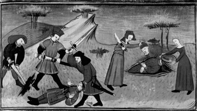 Dekameron, Lorenzo wird von den Brüdern von Lisabetta getötet; Lisabetta versteckt den Kopf des Geliebten in einem Topf. Vierter Tag, Novelle 5. von Giovanni Boccaccio