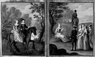 Dekameron, Madame Oretta reitet mit einem Reiter; Oretta steigt vom Pferd. Sechster Tag, Novelle 1 von Giovanni Boccaccio