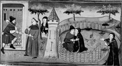 Dekameron, Masetto bittet den Wächter um Erlaubnis, das Kloster zu betreten; Masetto küsst eine Nonne. Dritter Tag, Novelle 1. von Giovanni Boccaccio