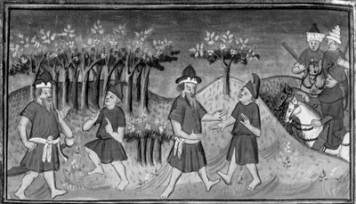 Dekameron, Mitridanes trifft Natan im Wald; die beiden Männer versöhnen sich. Zehnter Tag, Novelle 1. von Giovanni Boccaccio