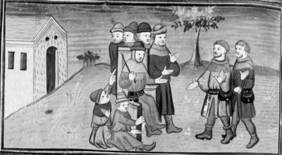 Dekameron, Ribi und Maso del Saggio lenken den Richter Nicola ab, während Matteuzzo ihm die Hose herunterzieht. Achter Tag, Novelle 5 von Giovanni Boccaccio