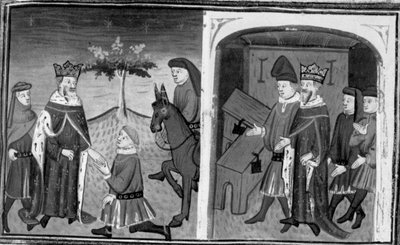 Dekameron, Ruggieri verlässt König Alfons; der König lädt Ruggieri ein, zwischen zwei Truhen zu wählen. Zehnter Tag, Novelle 1. von Giovanni Boccaccio
