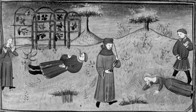 Dekameron, Simona trauert um den Tod von Pasquino; Simona fällt tot vor dem Richter um. Vierter Tag, Novelle 7. von Giovanni Boccaccio